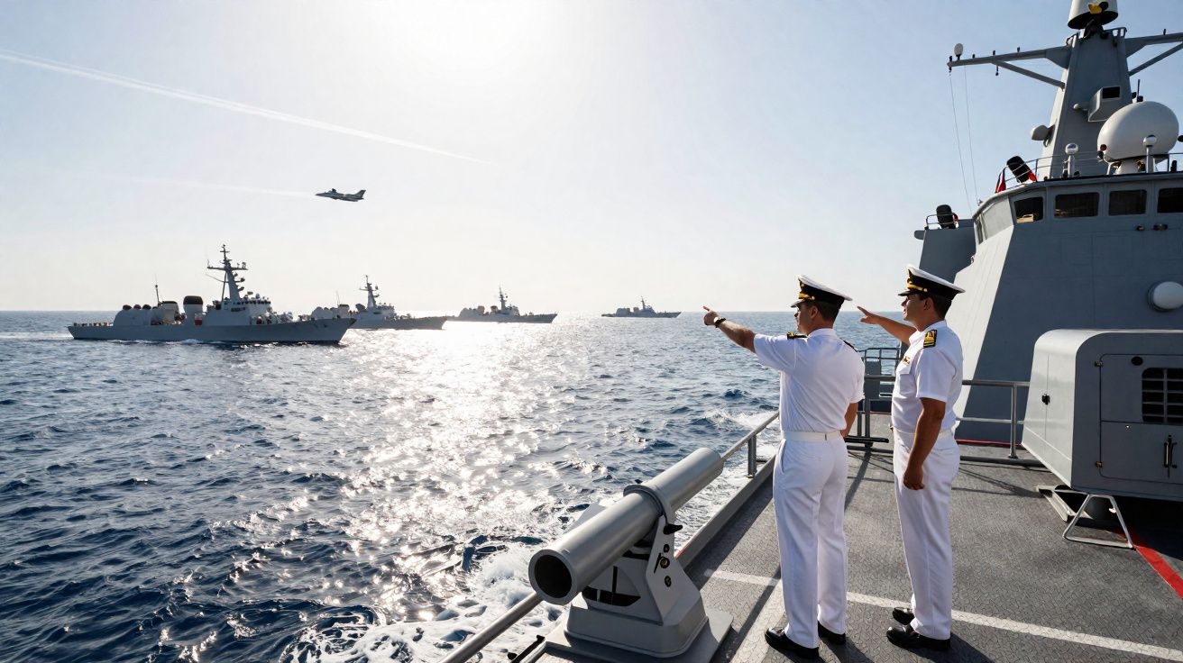 Dois oficiais da marinha num navio observam três navios militares e um avião a sobrevoar o mar ao pôr do sol.