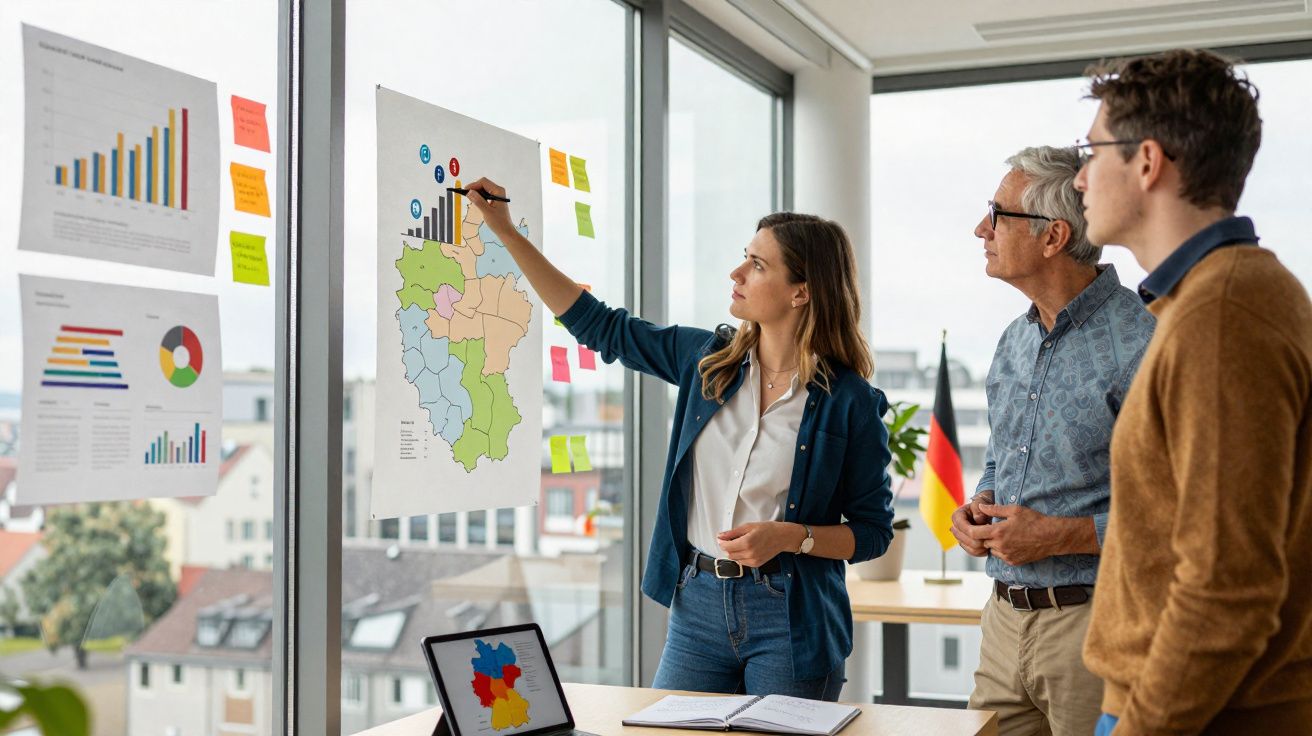 Três pessoas numa reunião a analisar gráficos e um mapa colorido numa janela de escritório com vista para a cidade.