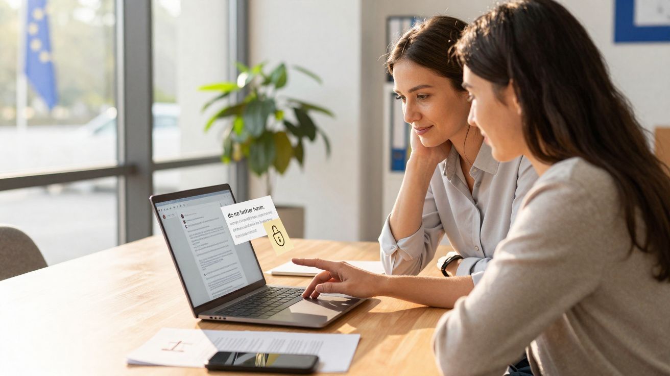 Duas mulheres sentadas numa mesa a trabalhar juntas num computador portátil num escritório iluminado.
