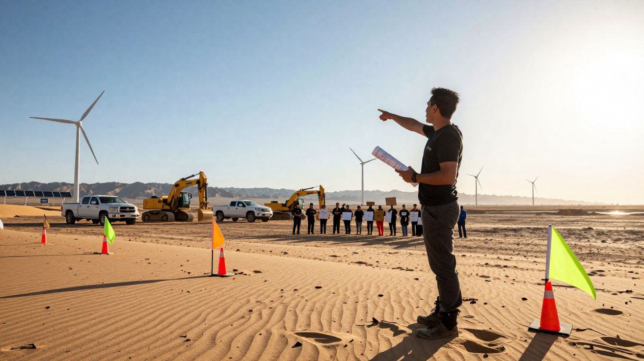 Homem com planta na mão aponta numa obra em deserto com tratores, carros e turbinas eólicas ao fundo.