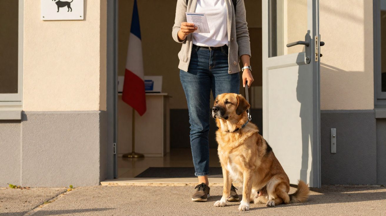 Pessoa com cão guia sentada à porta de edifício público com bandeira francesa ao fundo.