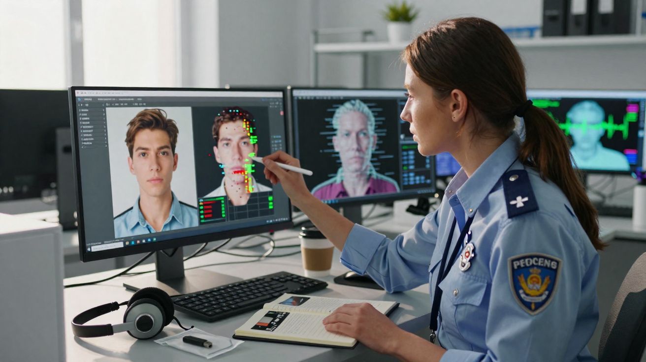 Mulher polícia analisa reconhecimento facial em ecrãs de computador num escritório moderno.