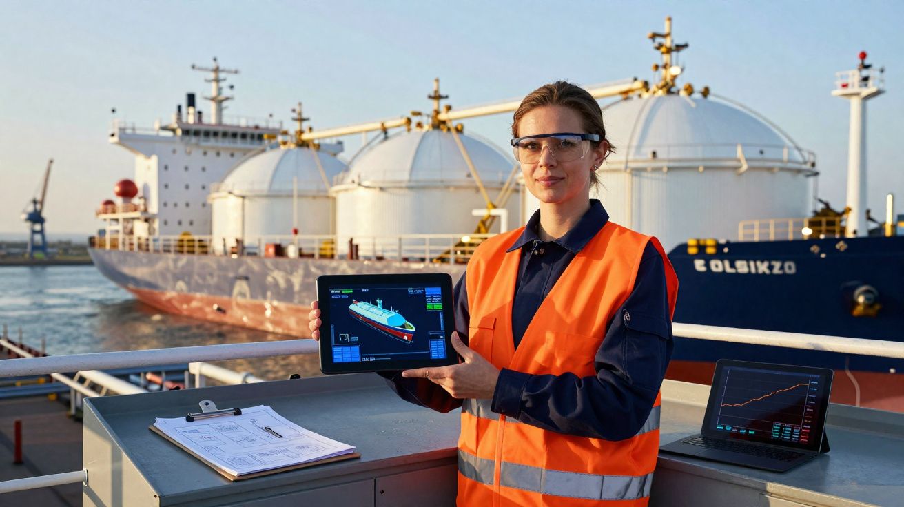 Mulher com colete laranja e óculos de proteção mostra tablet com gráfico, navio tanque e laptops ao fundo no porto.