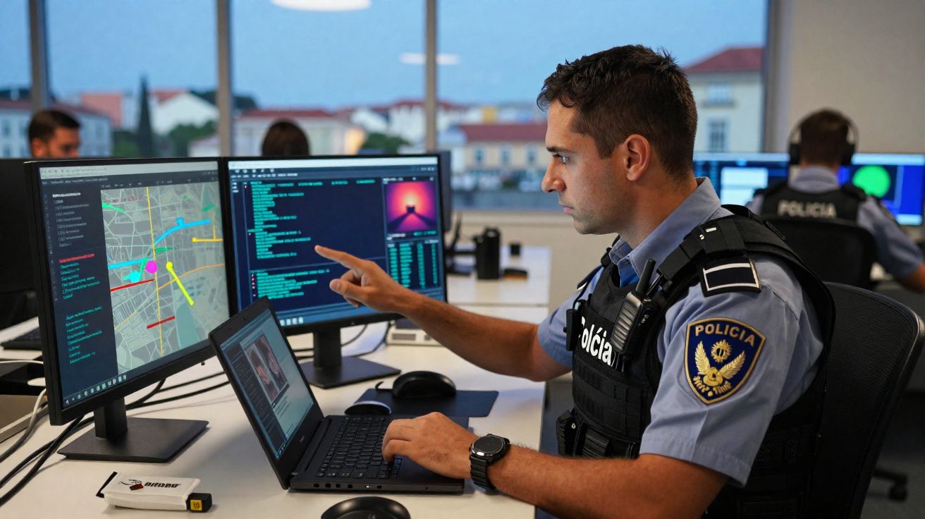 Polícia em escritório de comando a trabalhar com múltiplos ecrãs mostrando mapas e dados digitais.