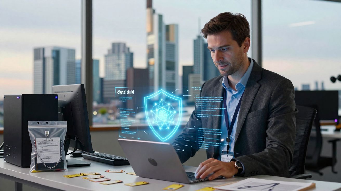 Homem de negócios a trabalhar num portátil com ícone holográfico de escudo de segurança digital.