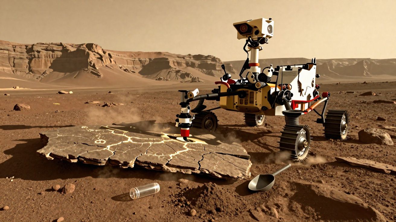 Rover a explorar e analisar uma pedra rachada numa paisagem árida e rochosa, estilo Marte.