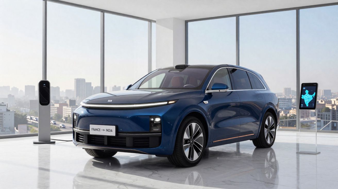 Carro elétrico azul escuro estacionado em showroom com grandes janelas e vista urbana ao fundo.