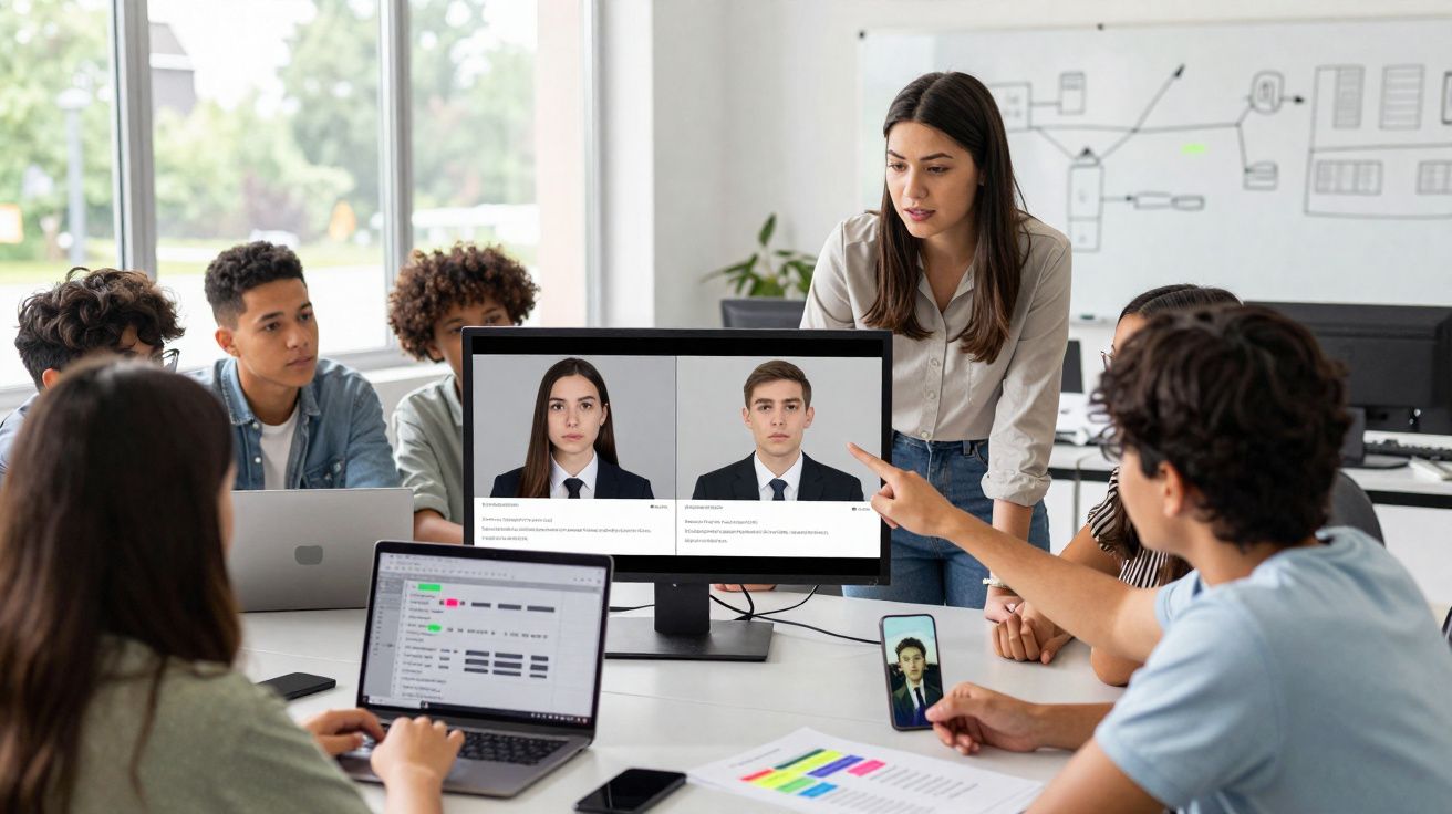 Grupo de jovens numa reunião, analisando fotografias formais de candidatos num ecrã.