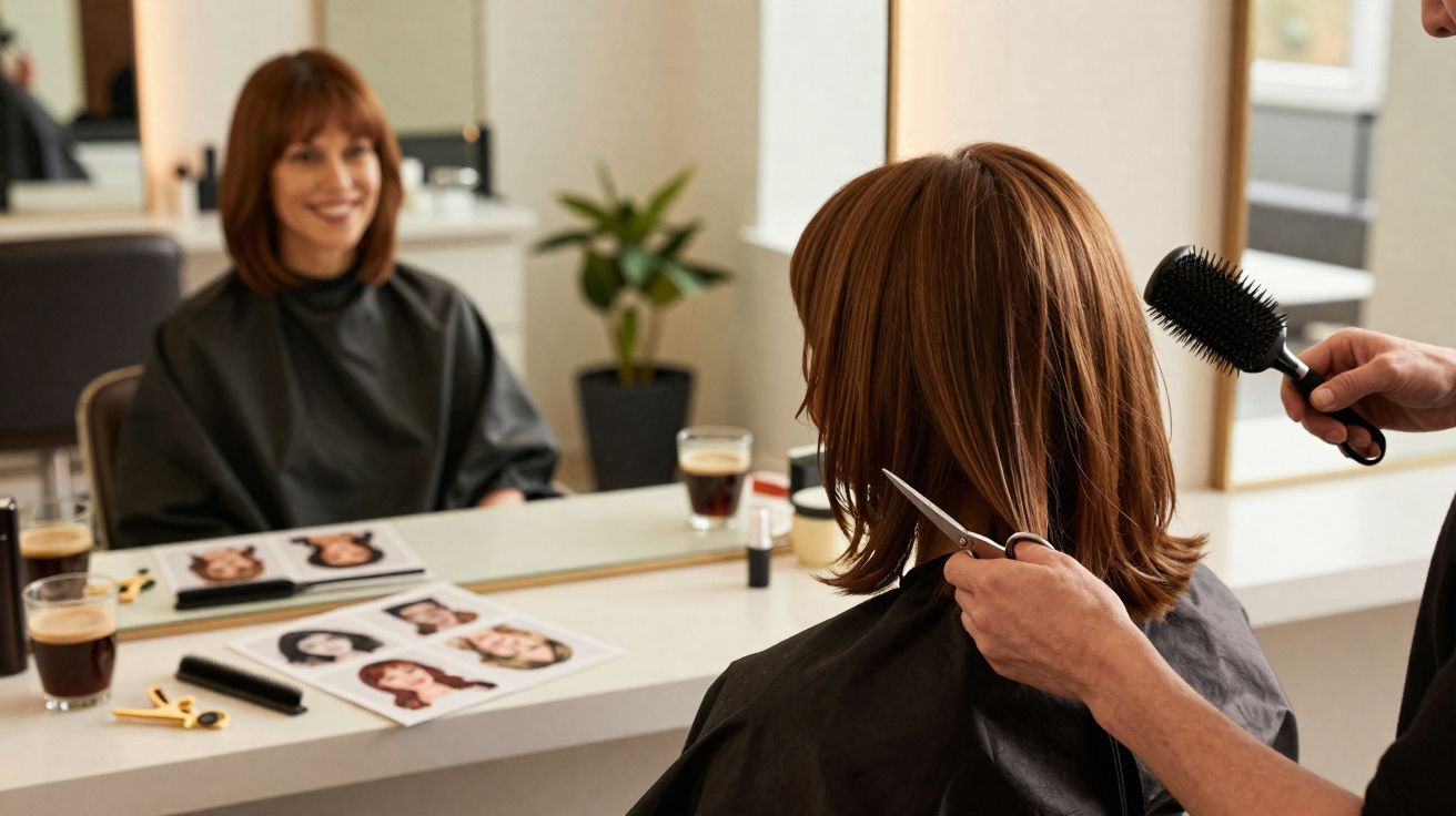 Mulher sentada num salão de cabeleireiro a receber corte de cabelo enquanto consulta fotos de penteados.