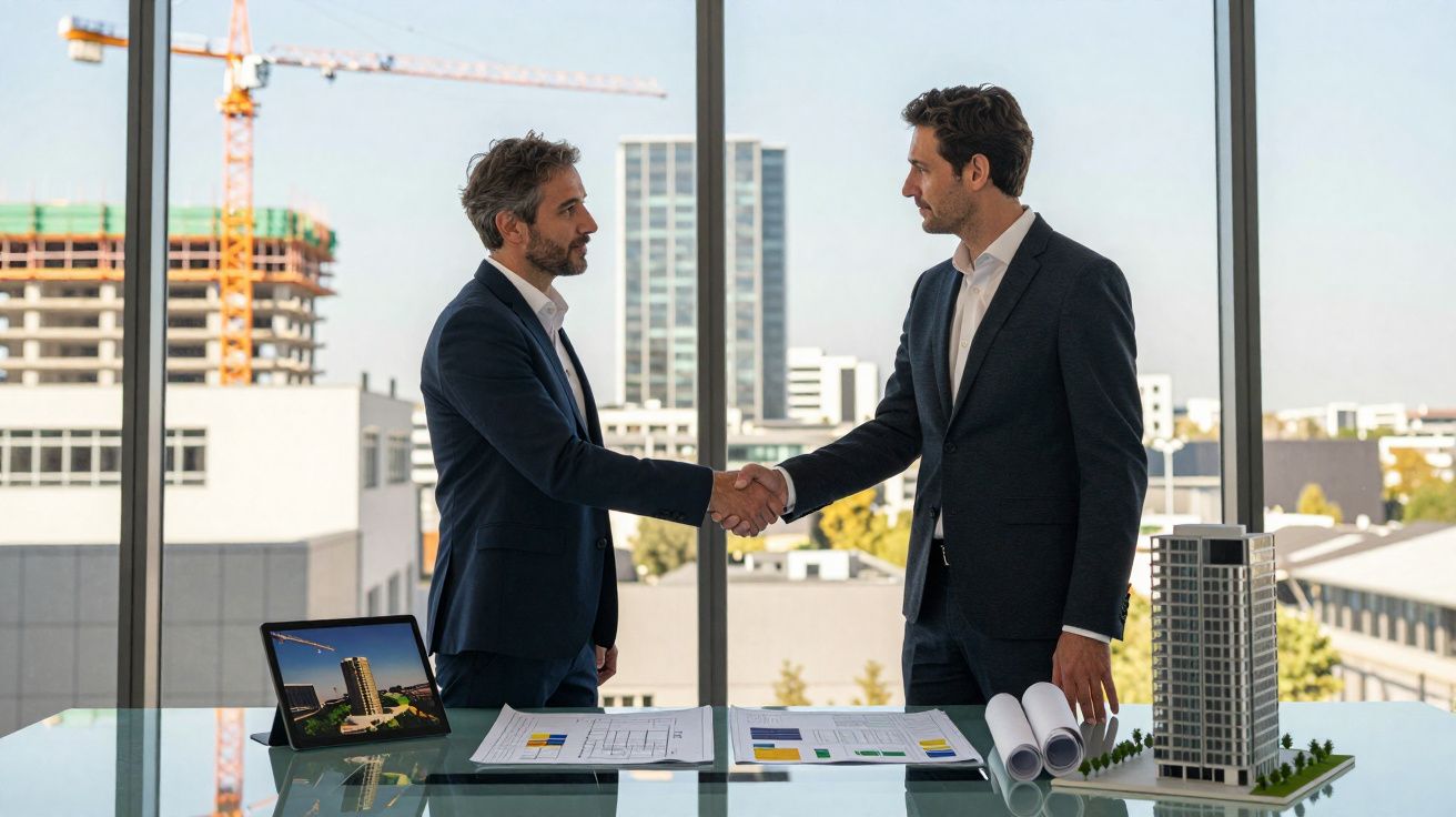 Dois homens de fato apertam as mãos numa sala de reuniões com plantas de construção e modelo de edifício.