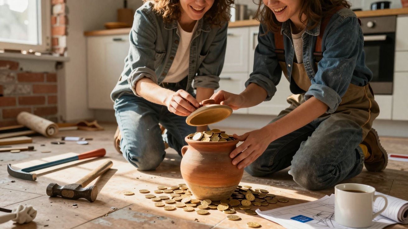 Duas pessoas de joelhos no chão a abrir um pote cheio de moedas de ouro numa sala em construção.