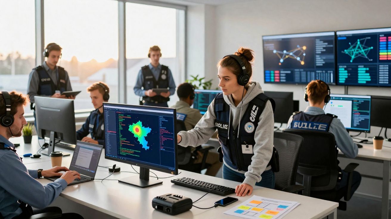 Sala de operações com polícia a monitorizar dados em vários computadores e ecrãs grandes na parede.