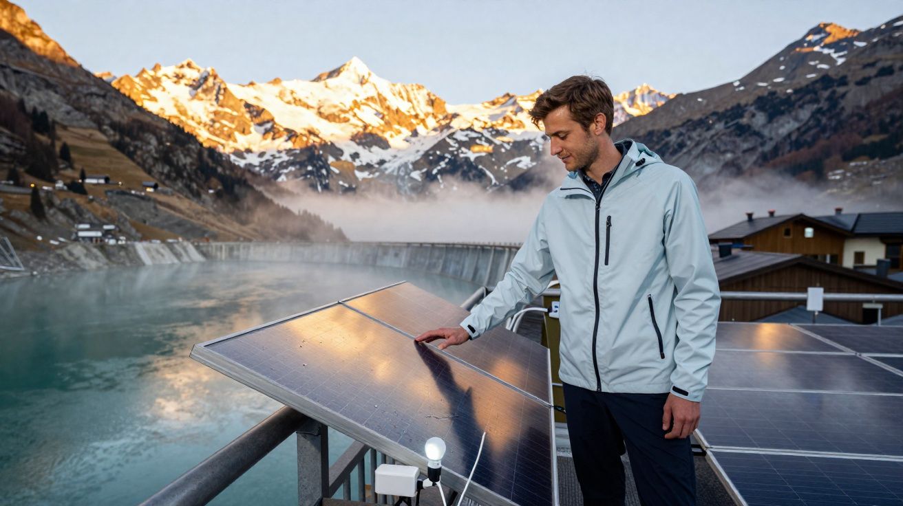 Homem toca painel solar junto a reservatório de água e montanhas com neve ao fundo ao amanhecer.
