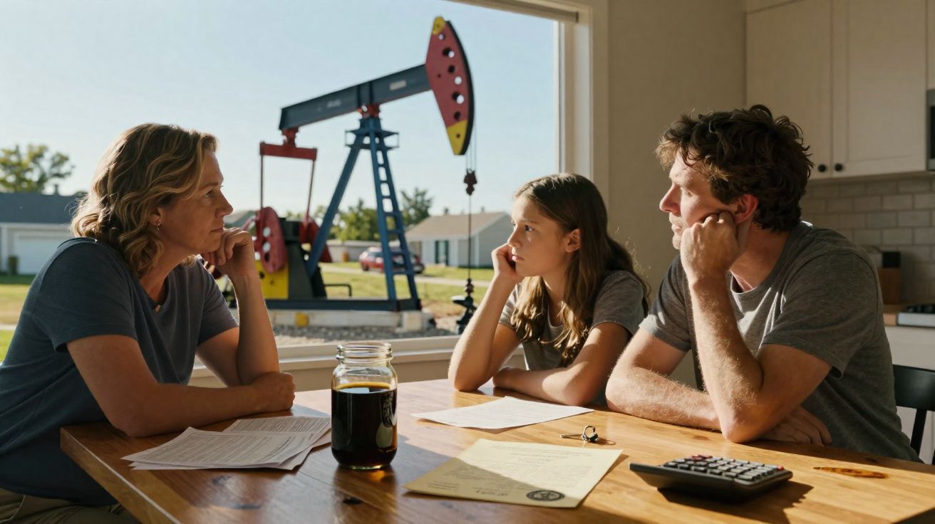 Família sentada à mesa, com documentos, olhando para uma bomba de petróleo ao fundo através da janela.