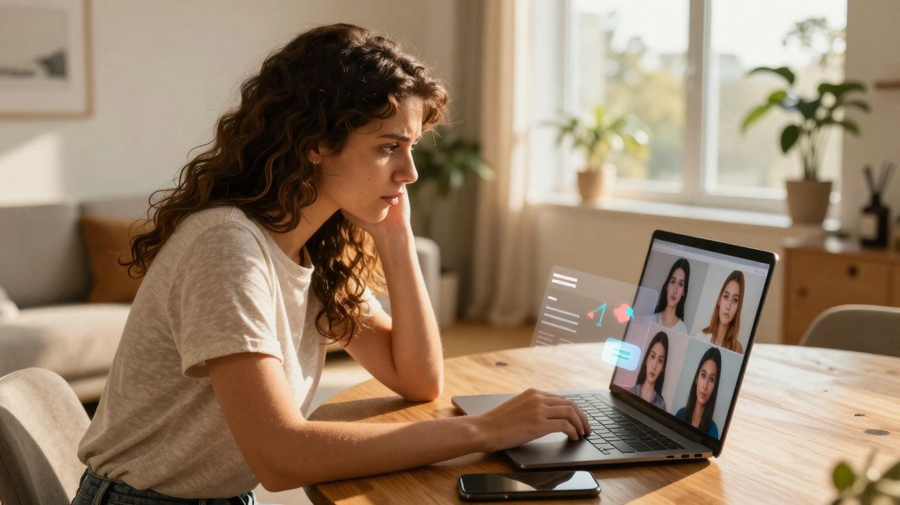 Mulher jovem sentada à mesa em videoconferência com quatro pessoas no ecrã do portátil, numa sala iluminada.