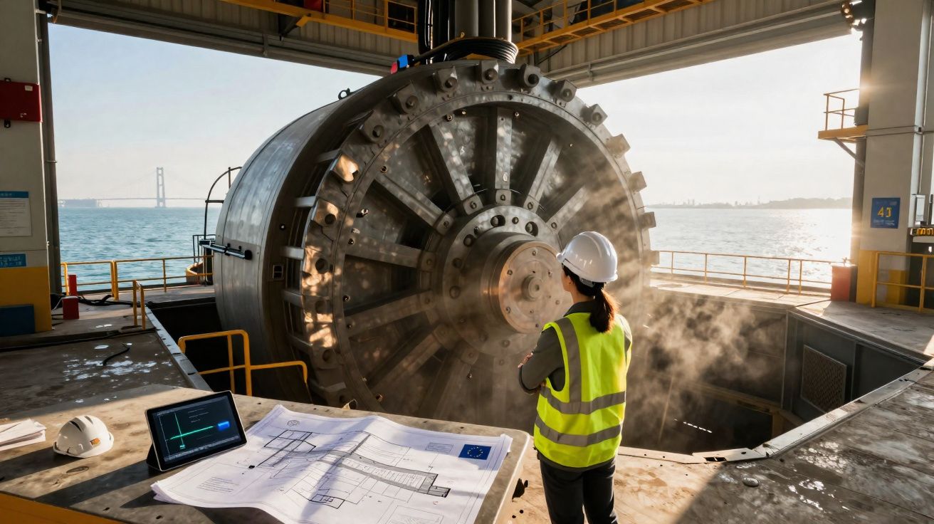 Trabalhadora com colete e capacete observa grande maquinaria industrial numa plataforma junto ao mar.