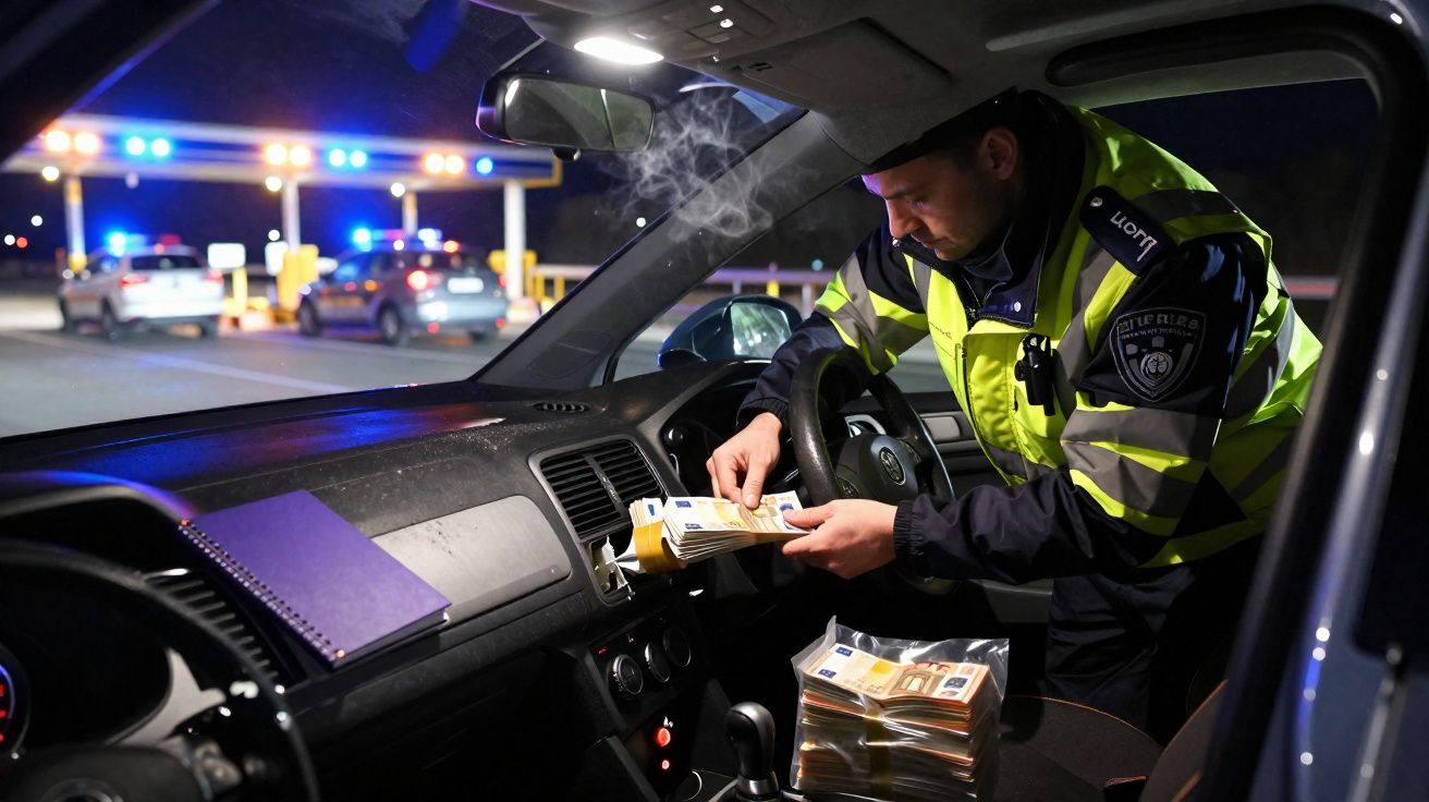 Polícia em colete refletor inspeciona grande quantidade de dinheiro dentro de carro durante fiscalização noturna.