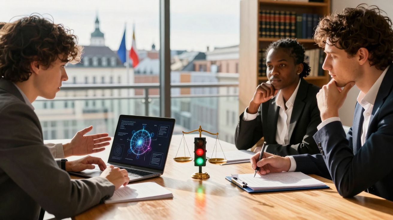 Três pessoas em reunião de negócios discutem dados no computador com semáforo e balança de justiça sobre a mesa.