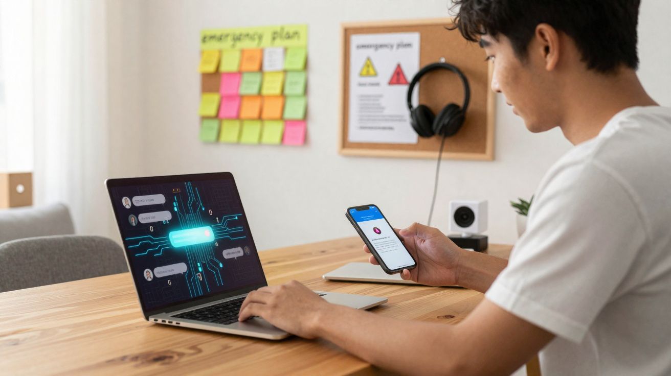 Homem sentado a usar telemóvel e portátil com gráficos digitais numa mesa de madeira num escritório.