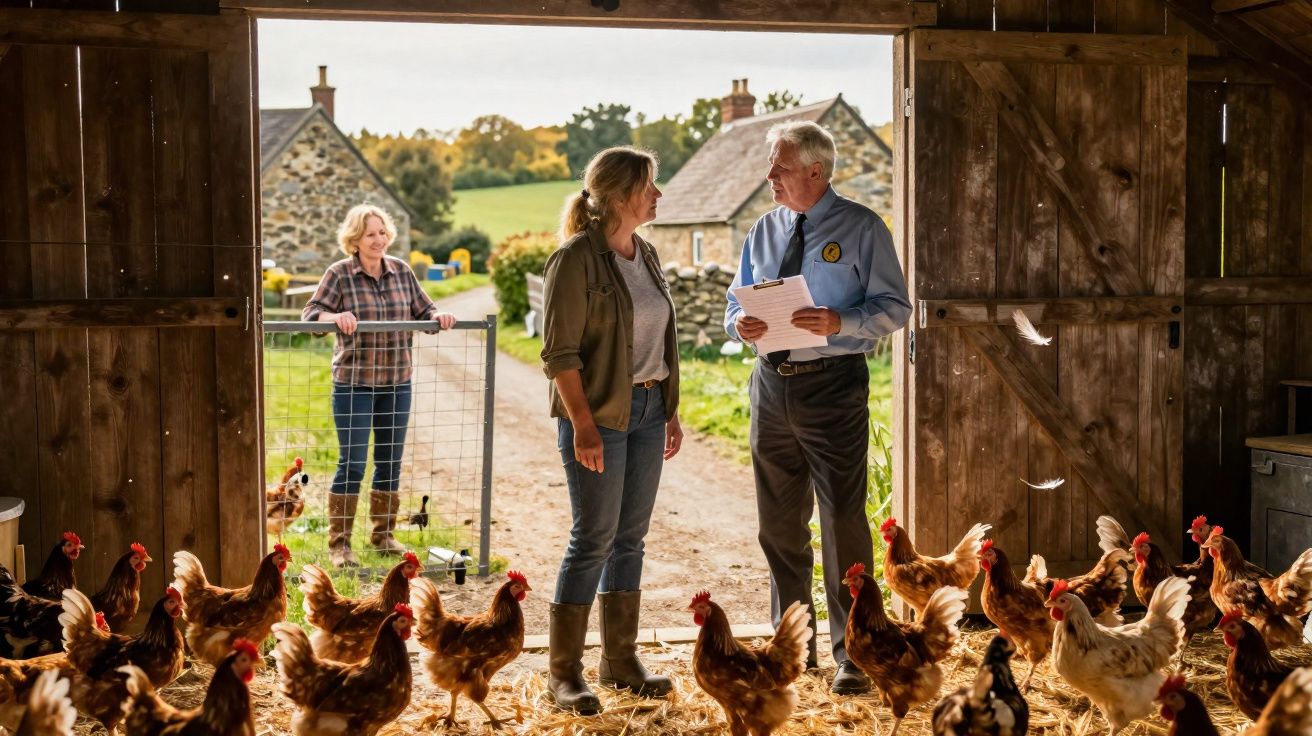 Duas pessoas conversam numa capoeira com galinhas, enquanto uma terceira observa junto a um portão exterior.