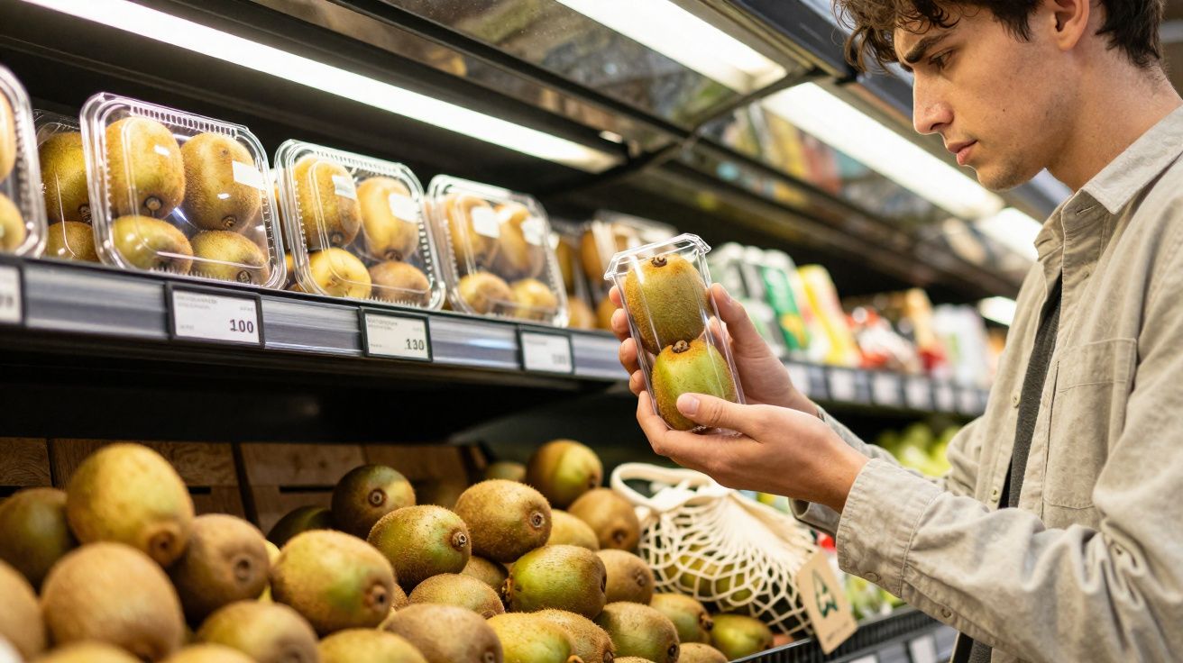 Homem jovem a segurar embalagem com kiwis numa prateleira de supermercado.