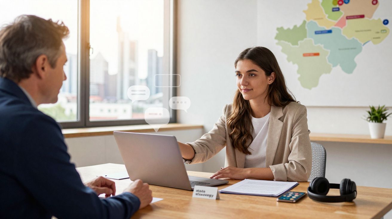 Mulher a explicar trabalho a homem numa reunião de escritório com laptop e documentos na mesa.