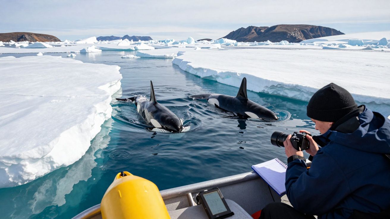 Homem num barco fotografa duas orcas a nadar entre blocos de gelo no oceano Ártico.