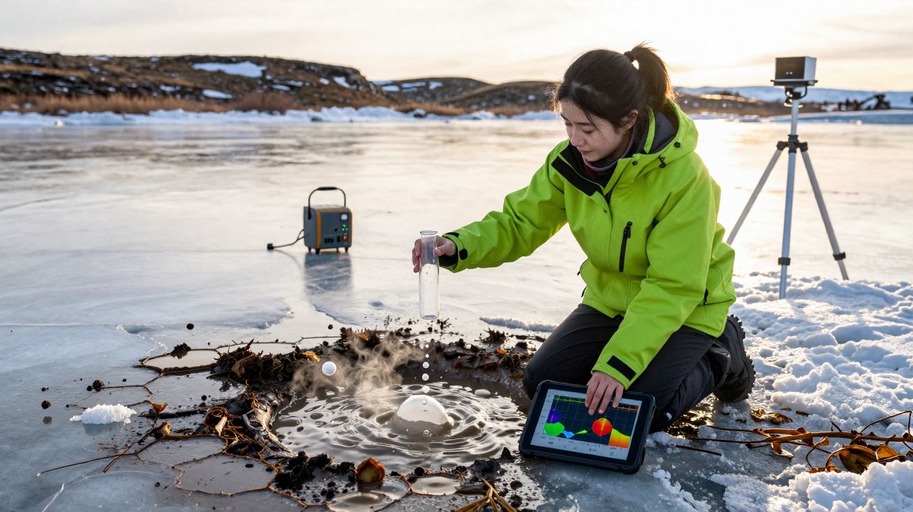 Mulher de casaco verde recolhe amostra de água num lago congelado com neve, segura tablet com dados ambientais.