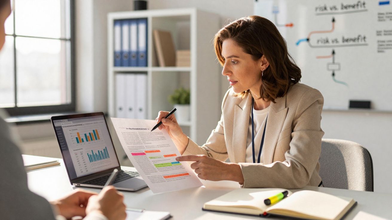 Mulher de negócios explica gráficos a colega, num escritório com laptop e documentos coloridos.