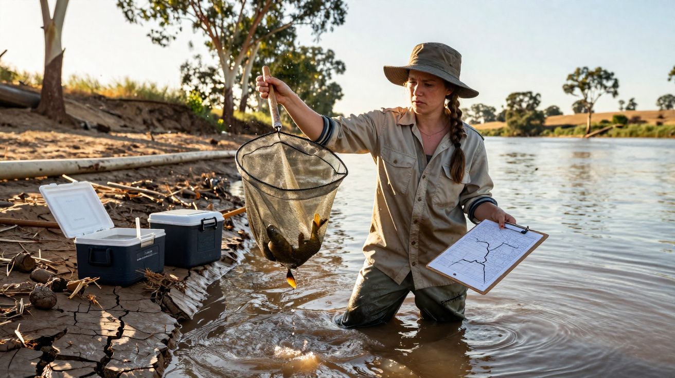 Investigadora com chapéu recolhe peixes num rio, segurando uma rede e uma prancheta com mapa.