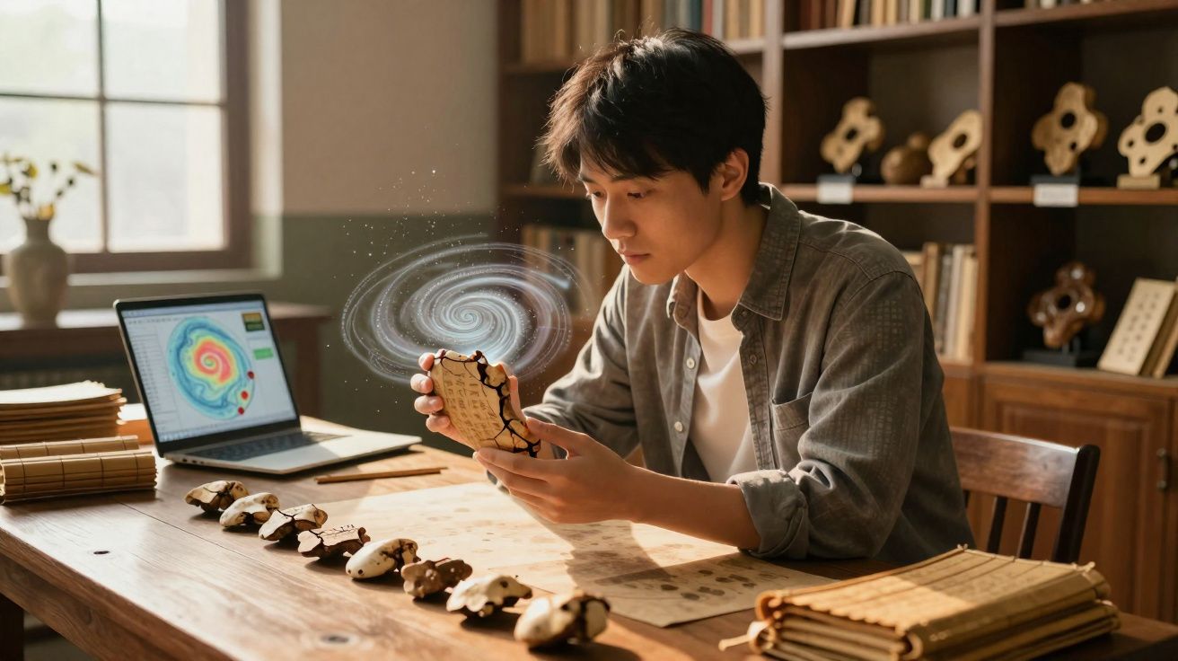 Jovem analisando artefacto antigo holográfico numa mesa com documentos e laptop aberto numa sala com estantes.