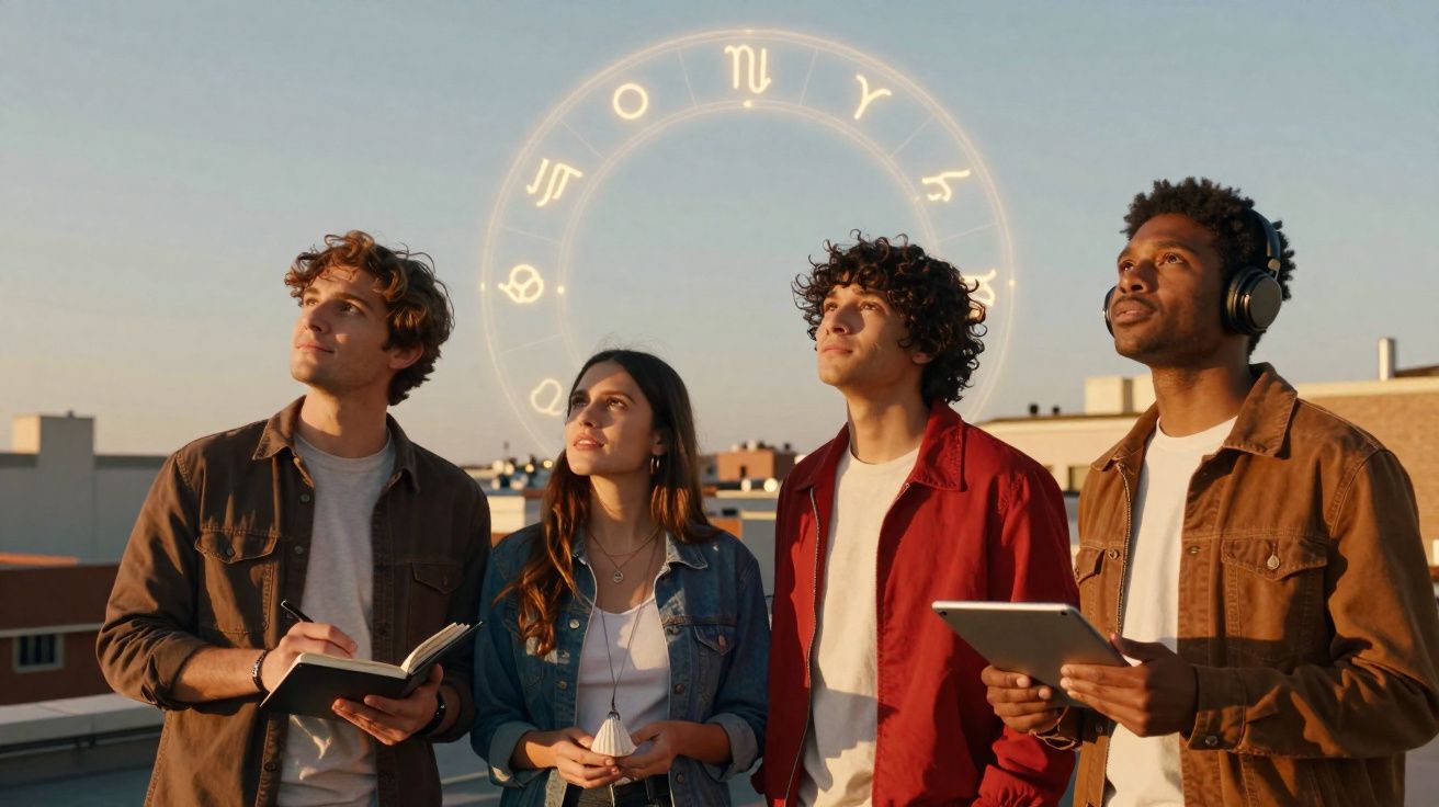 Quatro jovens a olhar para o céu, com símbolos do zodíaco luminosos a flutuar acima deles ao pôr do sol.