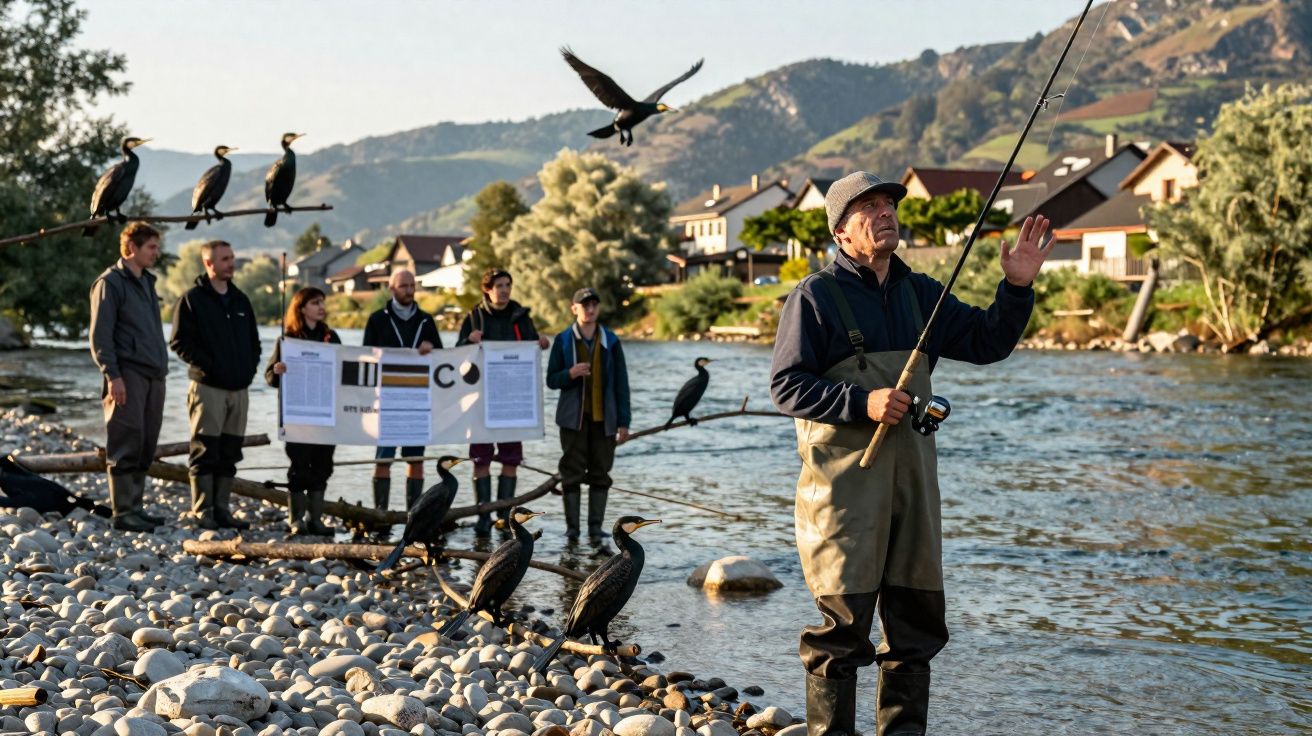 Homem pesca num rio com grupo de pessoas e várias aves pretas pousadas em galhos e pedras.