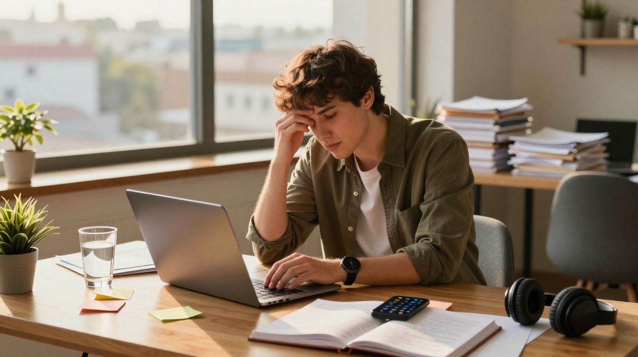 Jovem sentado numa secretária com computador portátil, com expressão preocupada, num escritório iluminado por luz natural.