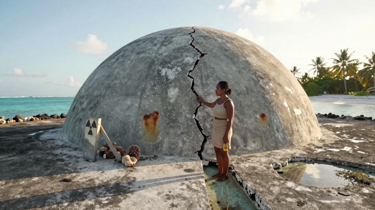 Mulher toca fissura numa estrutura de concreto redonda numa praia com sinal de radiação próximo.
