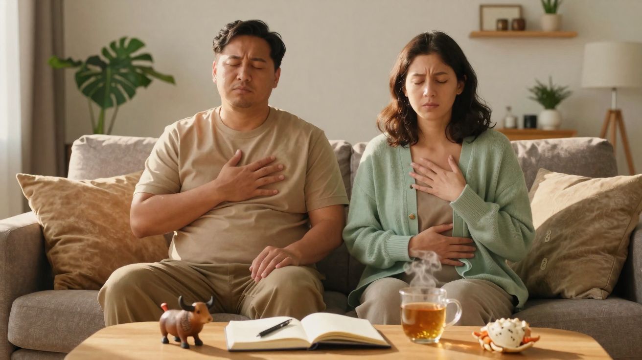 Casal sentado no sofá com as mãos no peito e olhos fechados, aparentando meditação ou respiração profunda.