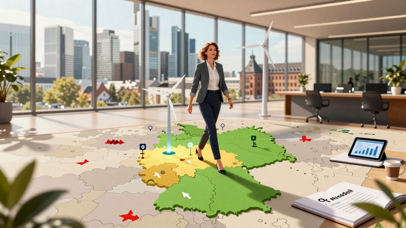 Mulher de negócios a andar sobre mapa de Alemanha com turbinas eólicas em escritório moderno com vista urbana.
