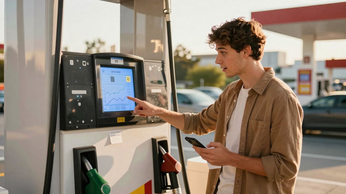 Jovem numa estação de serviço interage com o ecrã de uma bomba de gasolina segurando um telemóvel.