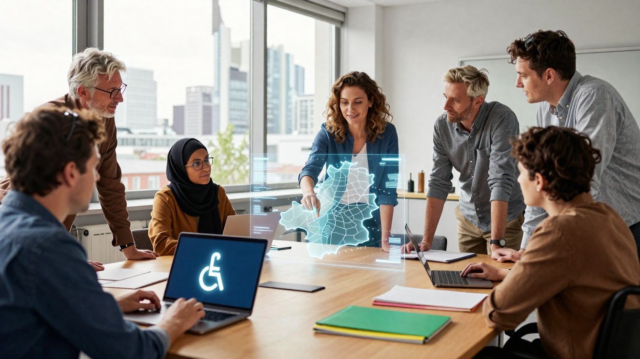 Grupo diversificado de profissionais a discutir mapa digital numa sala de reuniões moderna e luminosa.
