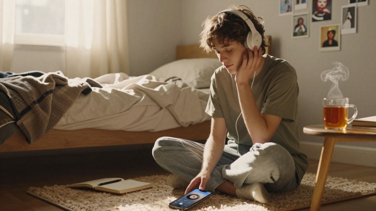 Jovem sentado no chão do quarto, com auscultadores e a ouvir música através de um smartphone.