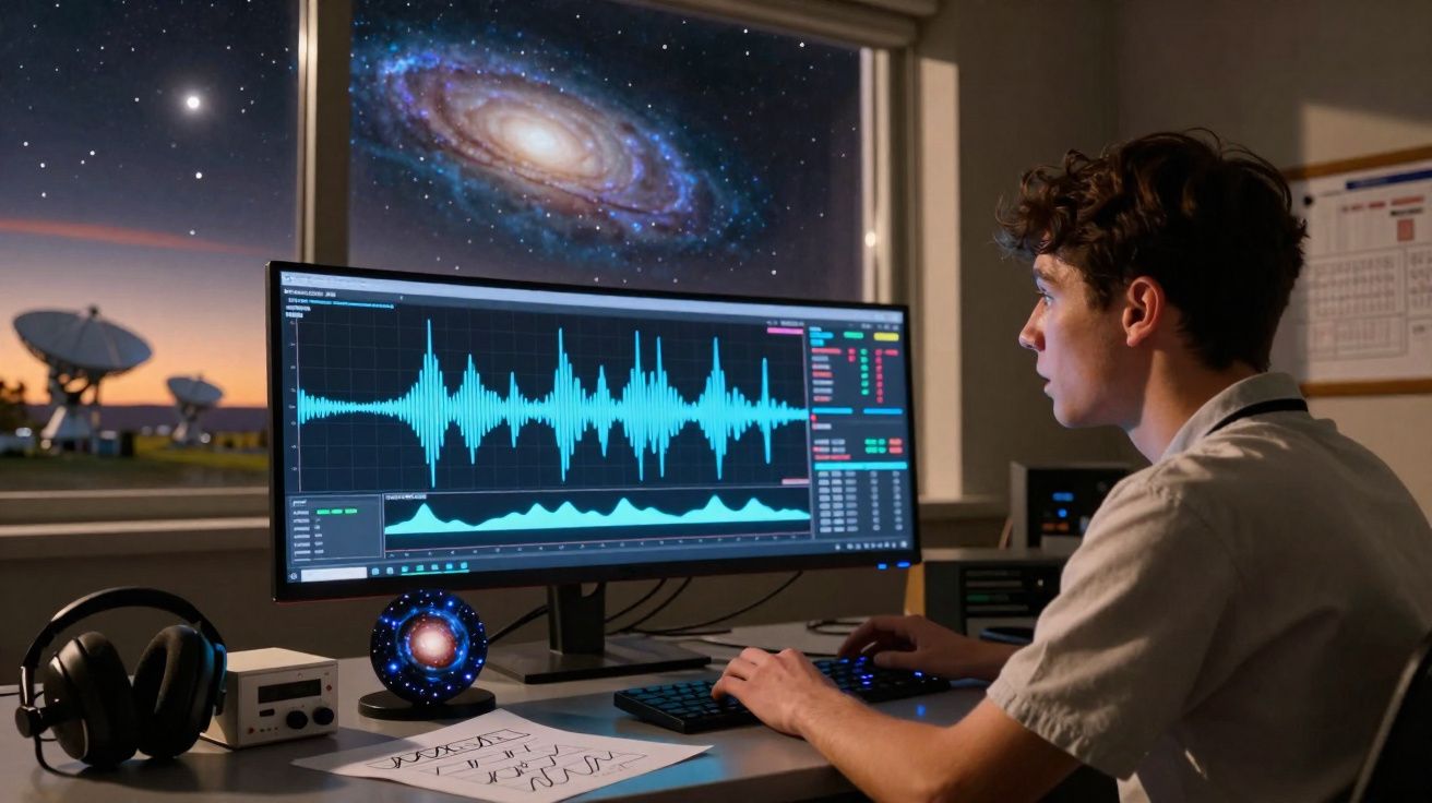 Jovem cientista analisa dados de ondas sonoras no computador num laboratório com antenas e galáxia visível pela janela.