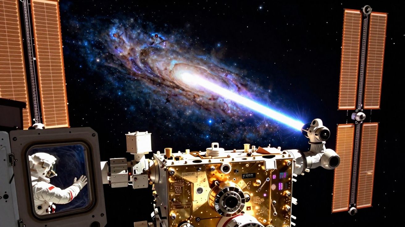 Astronauta na Estação Espacial observa feixe de luz intensa saindo de dispositivo na galáxia distante.