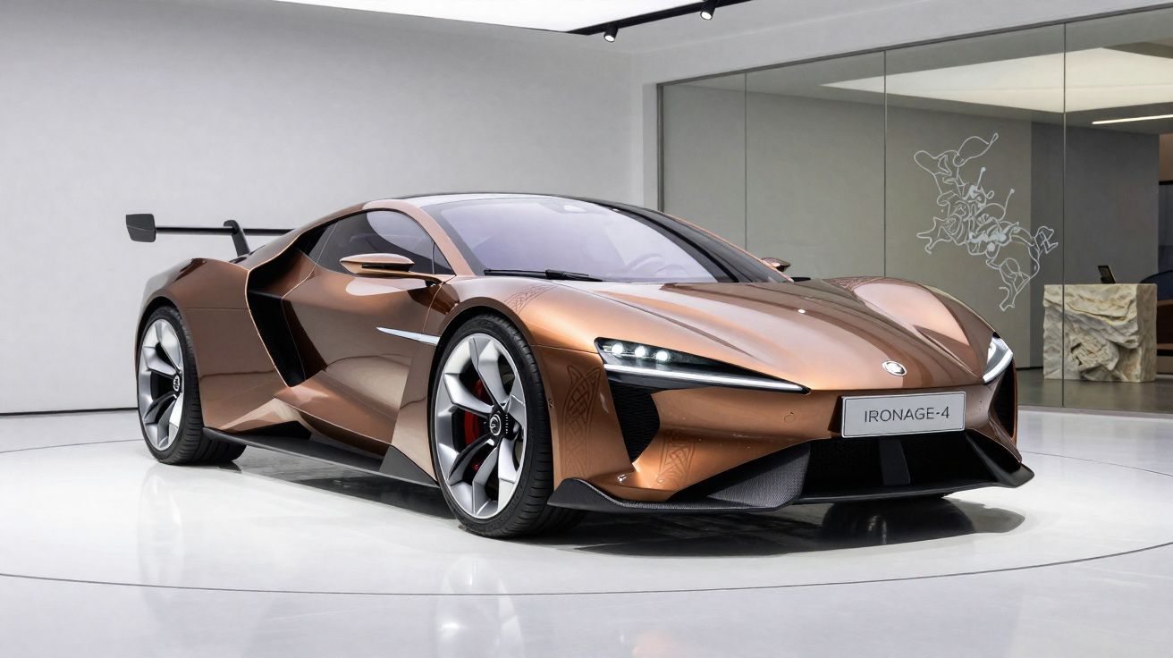 Carro desportivo elétrico bronze Ironage-4 exposto numa sala moderna com chão brilhante e paredes brancas.