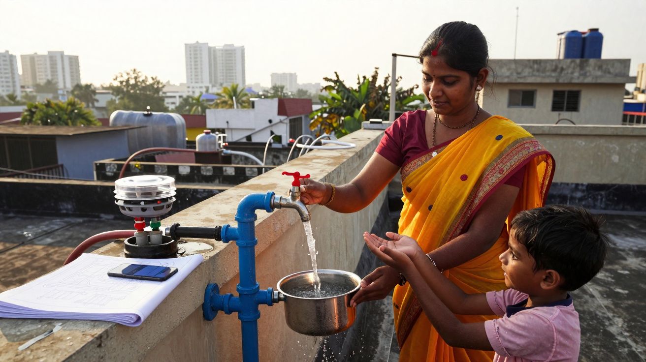 Mulher com saree amarelo e criança apanham água de uma torneira azul num terraço urbano.