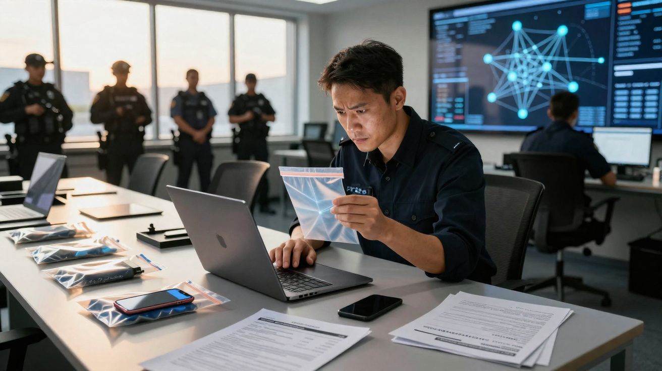 Polícia analisa evidências digitais num laboratório forense com várias armas em saco plástico sobre a mesa.
