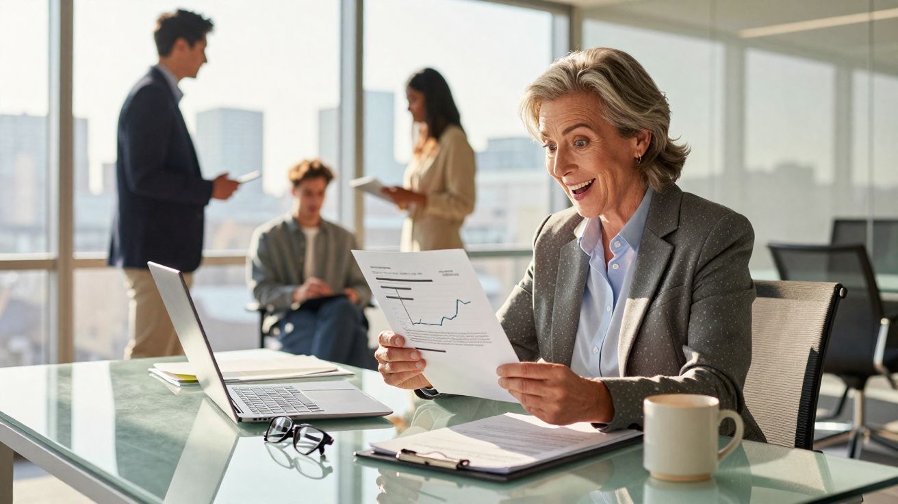 Mulher de negócios sorridente a analisar relatório financeiro num escritório moderno com colegas ao fundo.