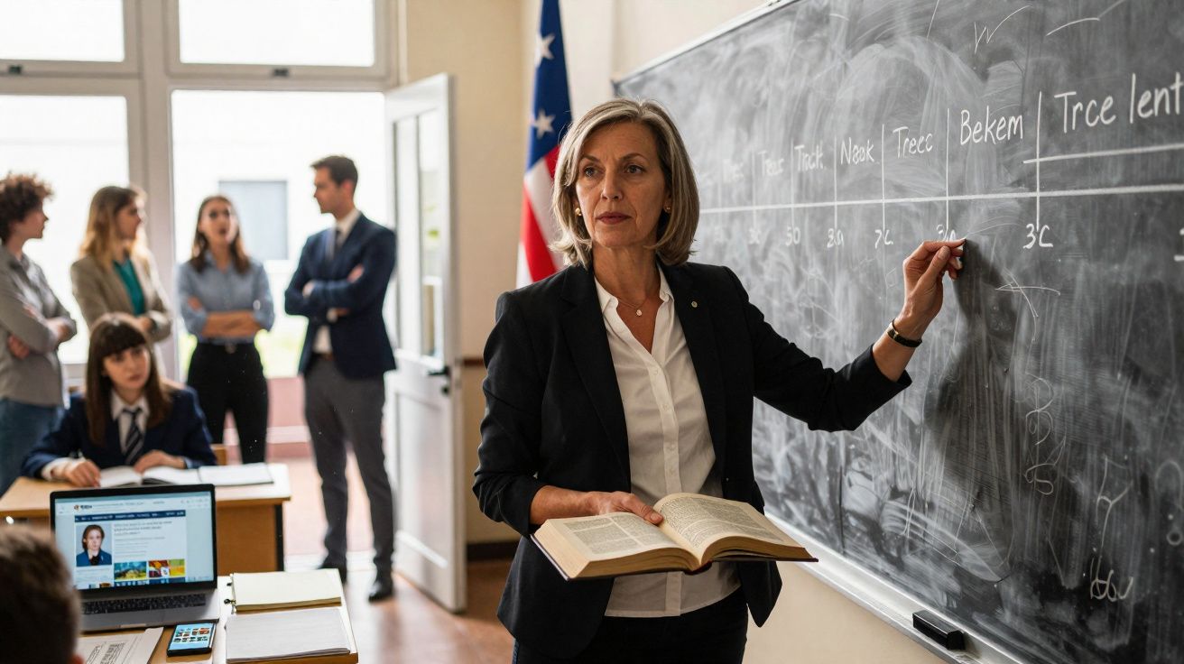 Professora escreve no quadro negro enquanto alunos e colegas observam numa sala de aula.