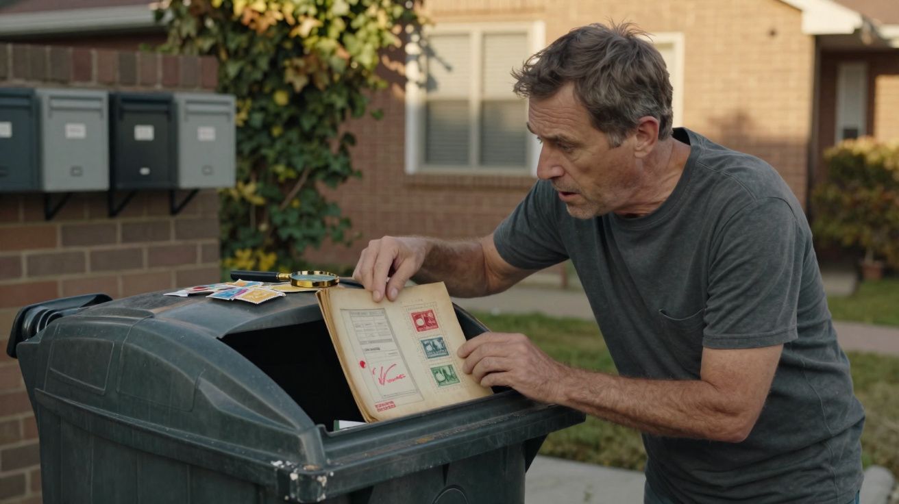 Homem observa um álbum de selos num caixote do lixo ao ar livre, junto a caixas de correio e uma casa.