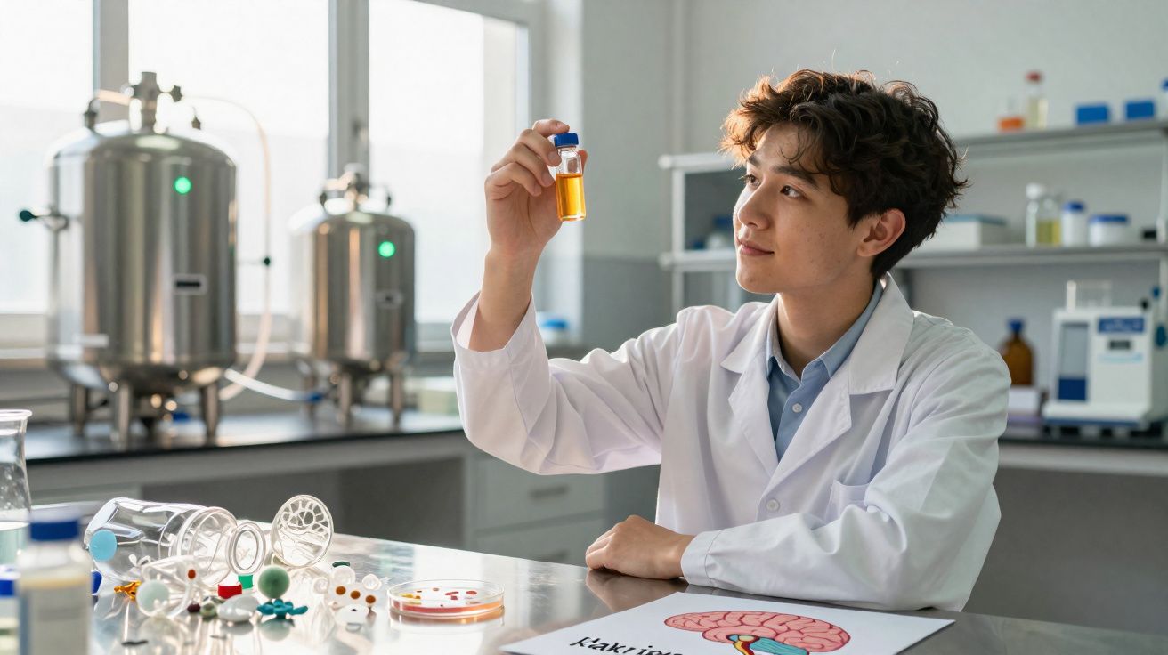 Jovem cientista em laboratório a analisar um frasco com líquido alaranjado segurado à luz.