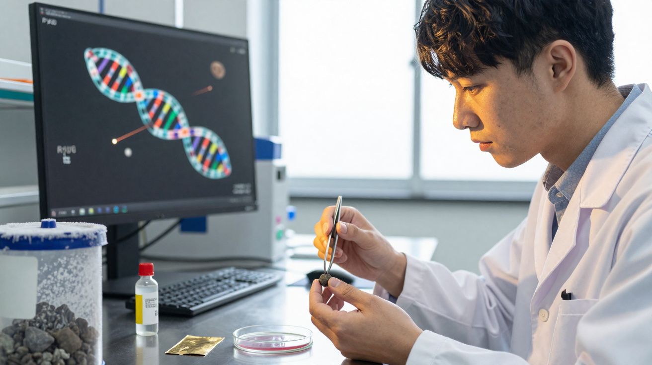 Cientista em laboratório a analisar amostra com pinça, e monitor com imagem de ADN ao fundo.